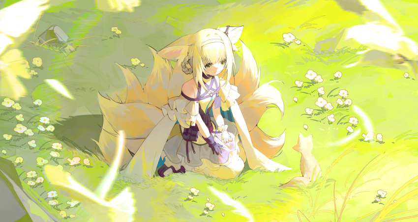 1girl animal animal_ear_fluff animal_ears arknights bangs bare_shoulders bird black_footwear black_gloves blonde_hair blue_skirt blurry blurry_foreground braid breasts closed_mouth day depth_of_field flower fox fox_ears fox_girl fox_tail gloves green_eyes hair_between_eyes hair_rings hairband highres kyuubi looking_away multiple_tails on_grass outdoors pantyhose pleated_skirt shirt shoes sidelocks single_glove sitting skirt small_breasts smile solo suyi-j suzuran_(arknights) tail wariza white_flower white_hairband white_shirt
