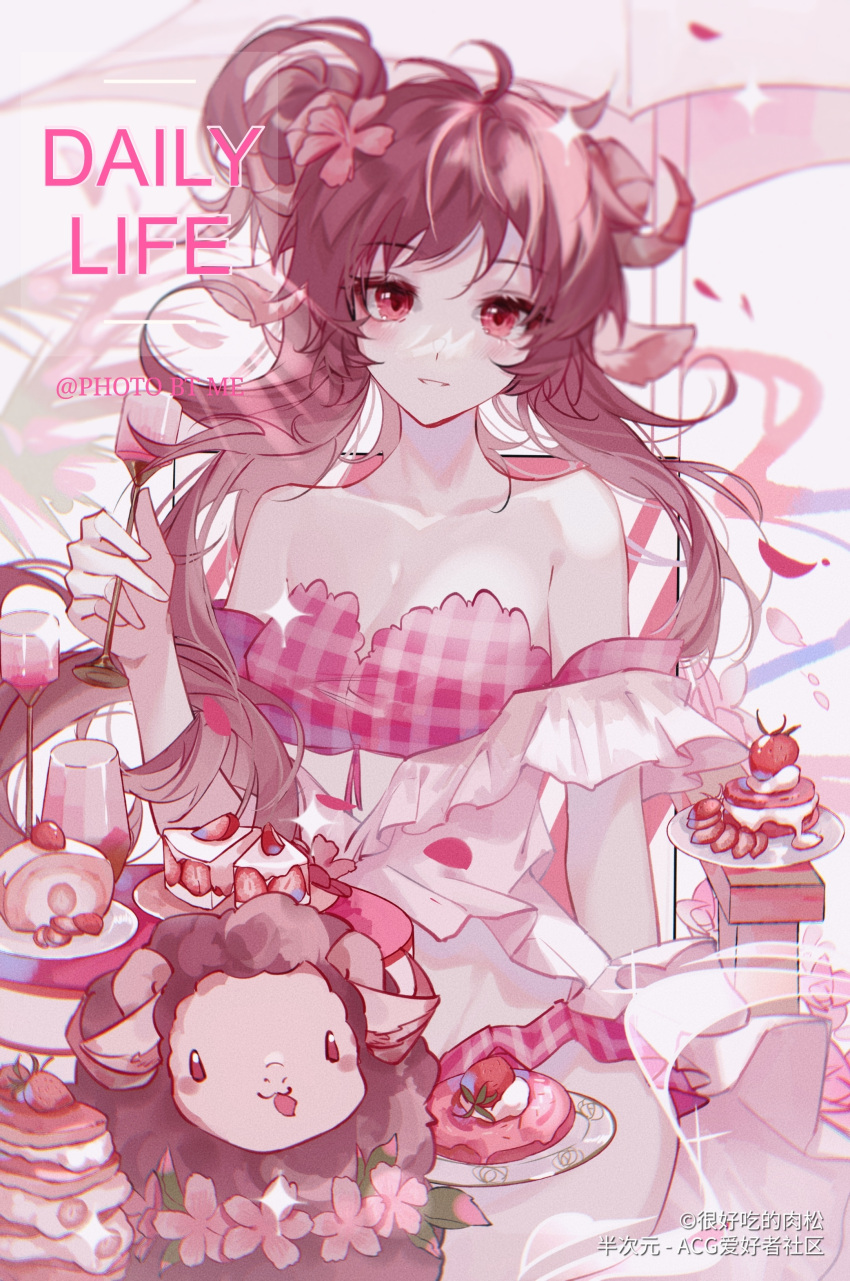 1girl :3 absurdres animal animal_ears antenna_hair arknights artist_name bikini breasts brown_hair cake cowboy_shot cup eyjafjalla_(arknights) eyjafjalla_(summer_flowers)_(arknights) food fruit hair_rings hen_hao_chi_de_rousong highres holding holding_cup horns long_hair looking_at_viewer off-shoulder_bikini off_shoulder official_alternate_costume parted_lips pink_bikini plaid plaid_bikini red_eyes sheep sheep_ears sheep_girl sheep_horns sitting small_breasts smile solo strawberry strawberry_shortcake swimsuit thighs watermark