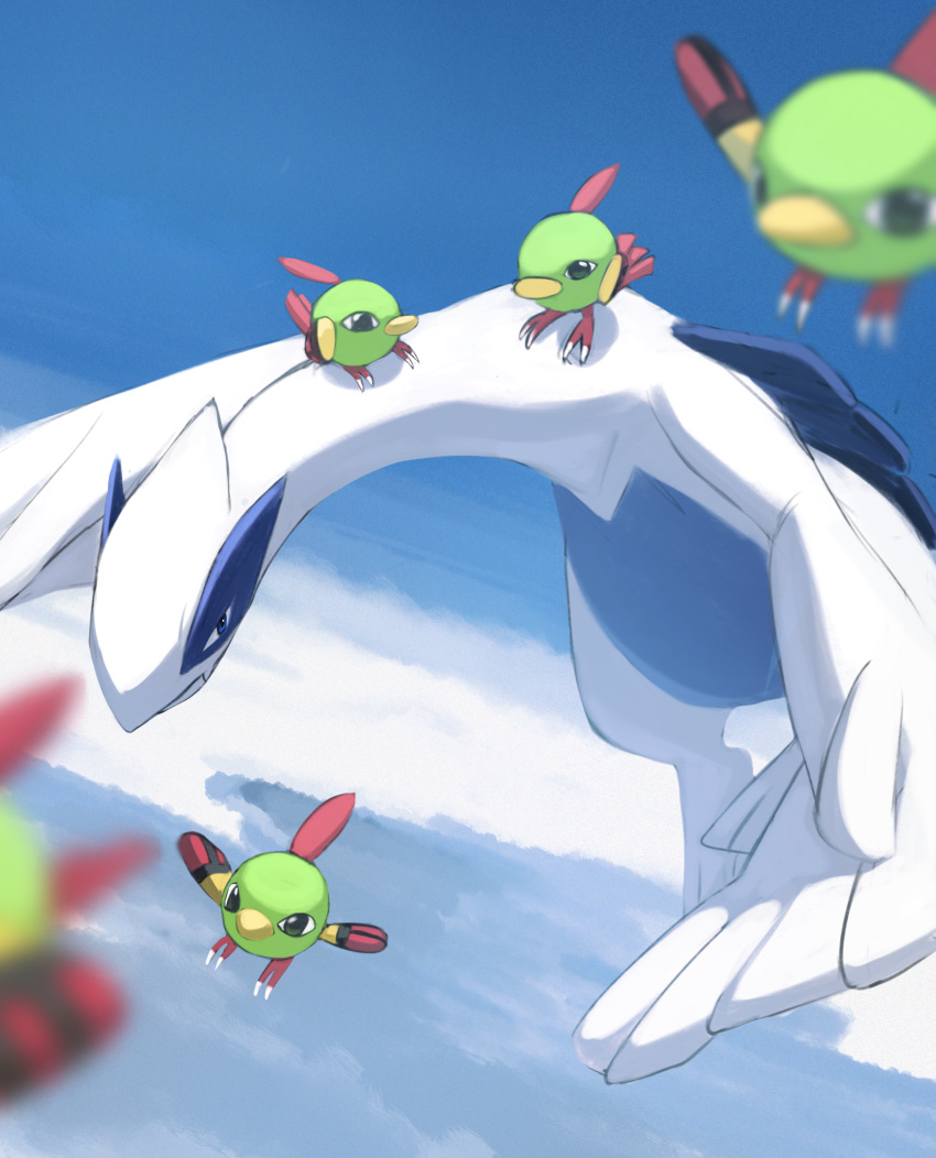above_clouds animal_focus bird black_eyes blue_background blue_eyes blue_sky blurry blurry_foreground claws closed_mouth cloud commentary day dutch_angle english_commentary flock flying highres horezai lugia natu no_humans outdoors pokemon pokemon_(creature) sky