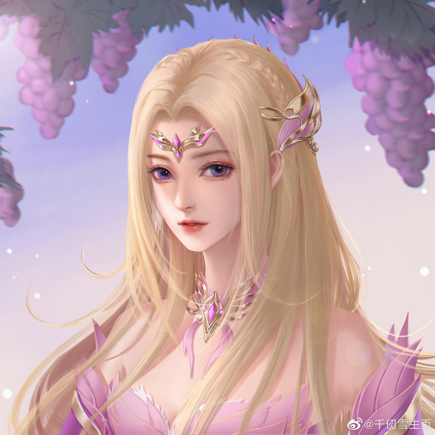 1girl absurdres bare_shoulders blonde_hair blue_eyes blue_sky bu_lai_ke_haohao_huatu detached_collar detached_sleeves dots douluo_dalu dress food fruit grapes hair_ornament highres long_hair looking_at_viewer qian_renxue_(douluo_dalu) second-party_source sky solo