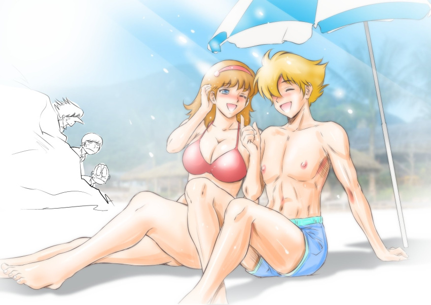 1girl 4boys bare_arms bare_legs bare_shoulders beach beach_umbrella bikini blonde_hair blue_eyes breasts character_request closed_eyes cyborg_009 francoise_arnoul hairband highres looking_at_another marine_day multiple_boys one_eye_closed open_mouth shimamura_joe short_hair sitting smile swimsuit taki_reki umbrella