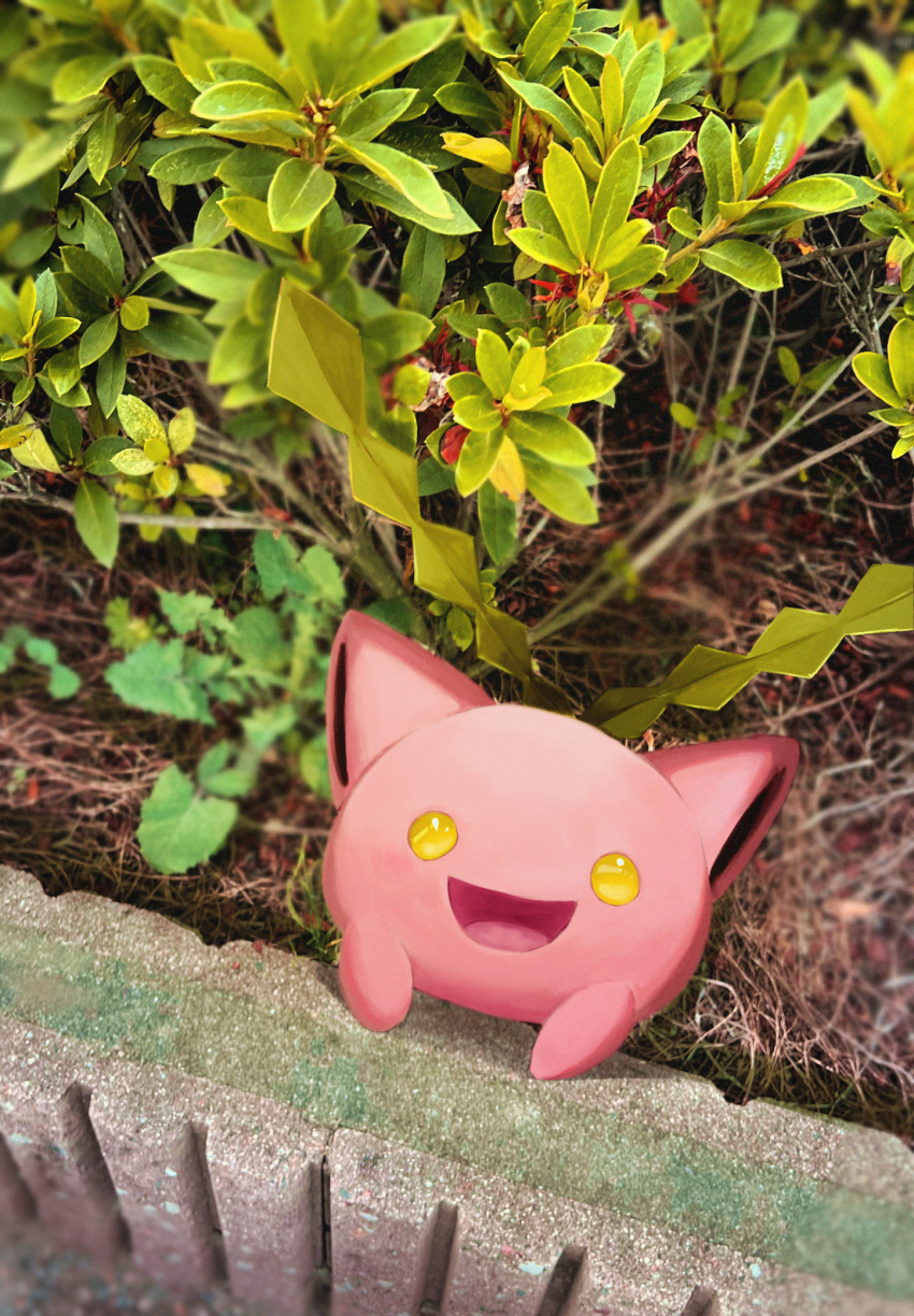 animal_focus blank_eyes bush commentary english_commentary from_above happy highres hoppip horezai looking_at_viewer looking_up no_humans open_mouth photo_background pokemon pokemon_(creature) smile solo yellow_eyes