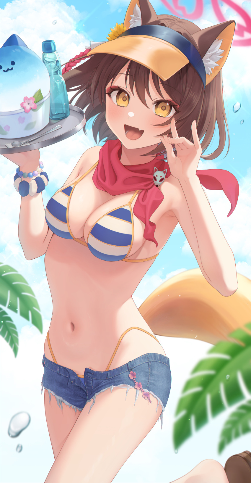 1girl :d absurdres animal_ear_fluff animal_ears bikini blue_archive blue_shorts blue_sky bottle breasts brown_hair cloud day denim denim_shorts fang fox_ears fox_girl fox_shadow_puppet fox_tail halo highres izuna_(blue_archive) izuna_(swimsuit)_(blue_archive) looking_at_viewer medium_breasts navel outdoors red_scarf scarf short_hair shorts skin_fang sky smile solo striped striped_bikini swimsuit tail takio_(kani_sama) unbuttoned unbuttoned_shorts visor_cap water_bottle yellow_eyes