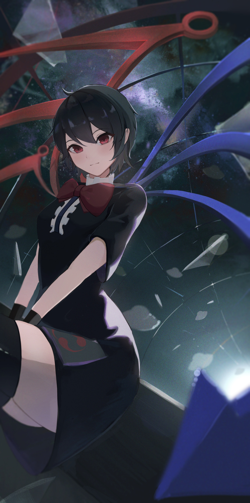 1girl absurdres asymmetrical_wings bangs between_legs black_dress black_hair black_thighhighs blue_wings blush bow bowtie center_frills closed_mouth commentary dress feet_out_of_frame frills hand_between_legs highres houjuu_nue looking_at_viewer palulap red_bow red_bowtie red_eyes red_wings shards short_hair short_sleeves sitting solo space thighhighs touhou wings wristband zettai_ryouiki