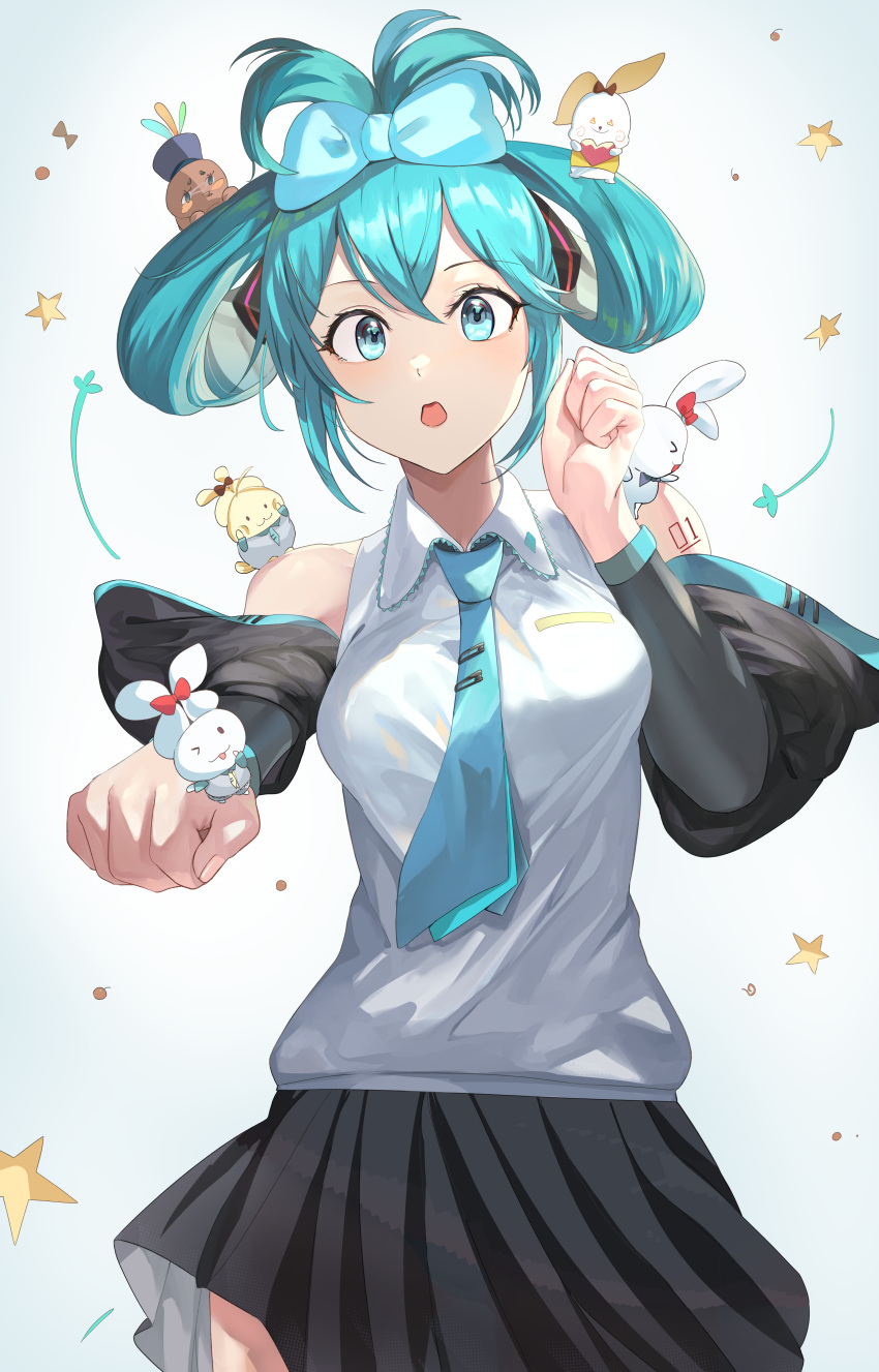 1girl absurdres bare_shoulders black_skirt black_sleeves blue_bow blue_eyes blue_hair blue_necktie bow breasts cinnamiku clenched_hands collared_shirt commentary_request detached_sleeves grey_background hair_bow hair_rings hatsune_miku highres long_sleeves looking_at_viewer medium_breasts mosta_(lo1777789) necktie open_mouth outstretched_arm pleated_skirt sanrio shirt skirt sleeveless sleeveless_shirt star_(symbol) tie_clip white_shirt wide_sleeves