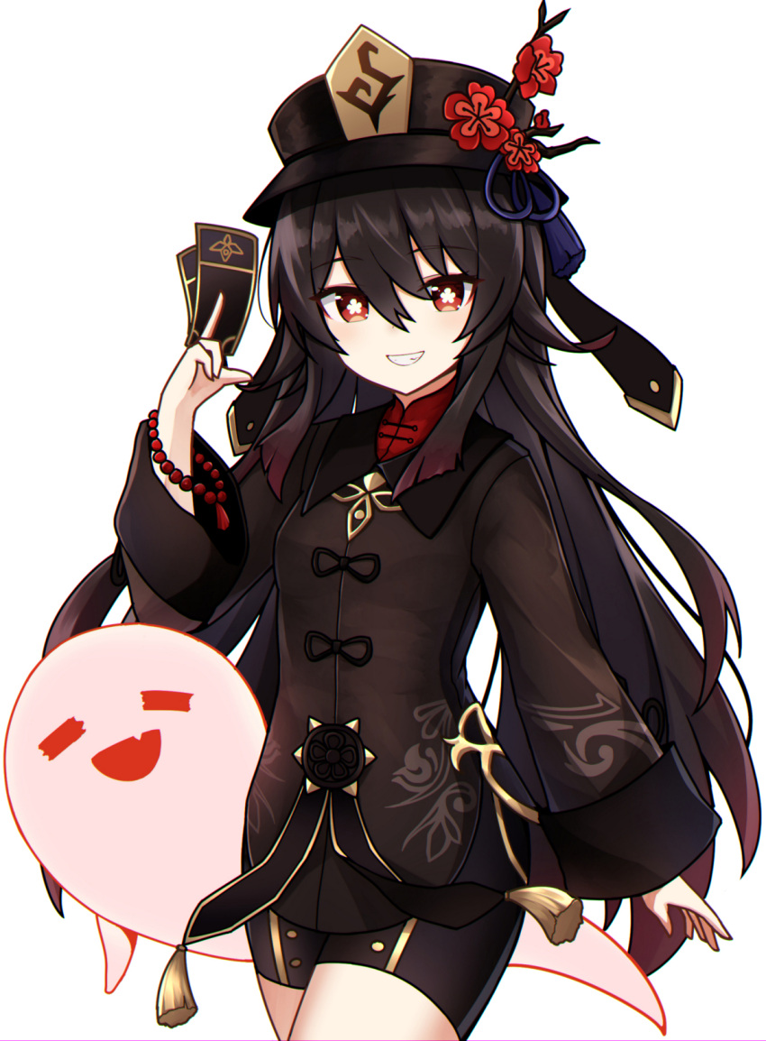 1girl :d bangs black_hair black_shorts chinese_clothes commentary_request coupon flower genshin_impact ghost grin hair_between_eyes hat hat_flower hat_ornament highres holding holding_paper hu_tao_(genshin_impact) linez long_hair long_sleeves looking_at_viewer paper red_eyes short_shorts shorts sidelocks simple_background smile symbol-shaped_pupils twintails white_background