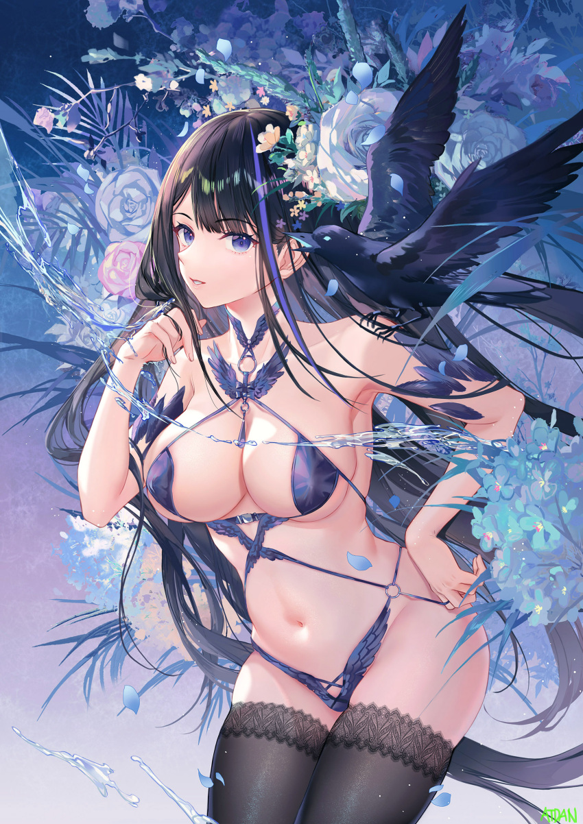 1girl absurdres animal animal_on_shoulder armpits atdan bare_shoulders bikini bird bird_on_shoulder black_hair blue_eyes breasts cleavage contrapposto cowboy_shot crow flower hand_on_hip hand_up highres large_breasts long_hair looking_at_viewer navel original parted_lips purple_bikini revision rose solo standing stomach string_bikini swimsuit thighhighs thighs very_long_hair white_flower