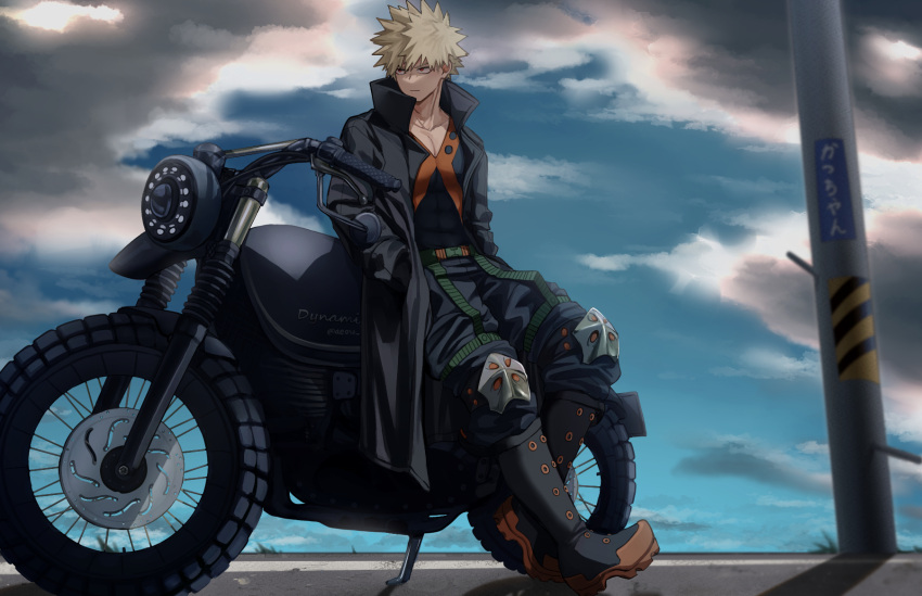 1boy abs ae030 baggy_pants bakugou_katsuki bangs black_coat black_footwear black_pants black_tank_top blonde_hair blue_sky blurry blurry_background bodysuit boku_no_hero_academia closed_mouth cloud coat collarbone commentary covered_abs full_body hands_in_pockets heel_up high_collar highres horizon knee_pads leaning_against_motorcycle looking_to_the_side muscular muscular_male orange_footwear outdoors pants pectoral_cleavage pectorals red_eyes road sanpaku shadow skin_tight sky solo spiked_hair street tank_top toes_up trench_coat twitter_username two-tone_footwear utility_pole v-neck