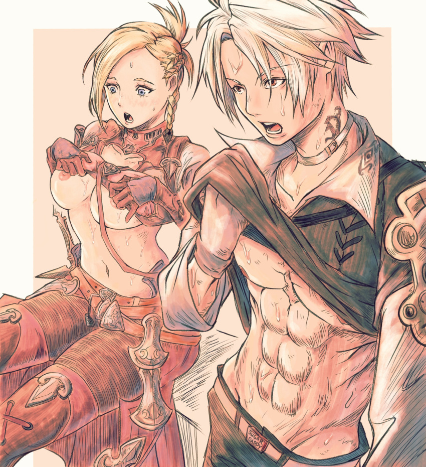 1boy 1girl abs asymmetrical_hair belt blonde_hair blue_eyes braid breasts brown_eyes choker clothes_lift final_fantasy final_fantasy_xiv gloves grey_hair gusty10rk hand_up hands_up highres hot hyur large_breasts layered_sleeves lifted_by_self long_sleeves medium_hair minfilia_warde navel nipples no_bra open_mouth pants pectorals shirt_lift short_hair short_over_long_sleeves short_sleeves side_braid sitting stomach sweat thancred_waters toned undressing