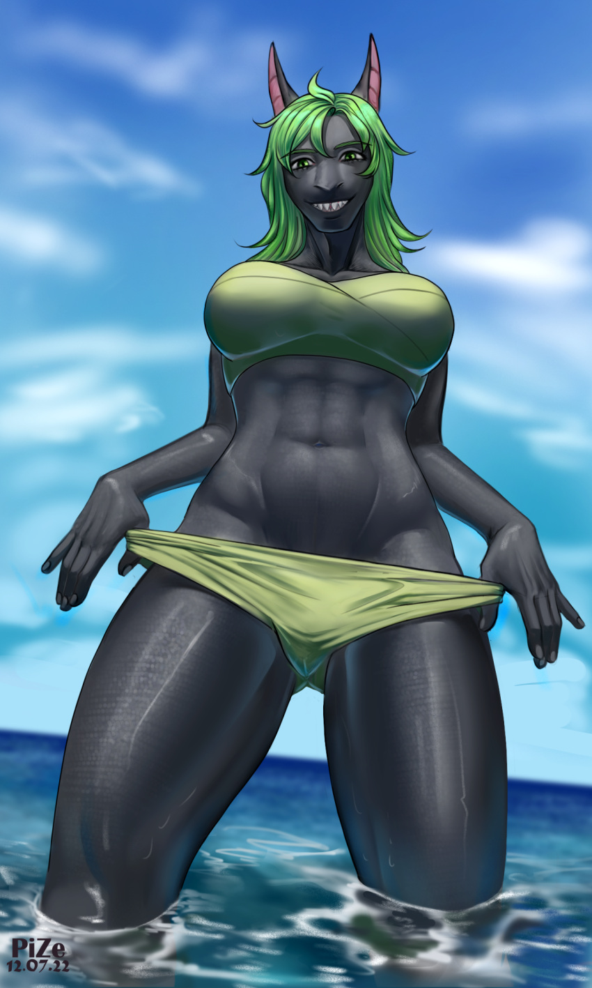 anthro bikini bosom bust_portrait clothing famale female fish hi_res marine mature_(disambiguation) pize portrait questionable_consent scales sea shark solo summer swimming swimming_trunks swimwear thorax water