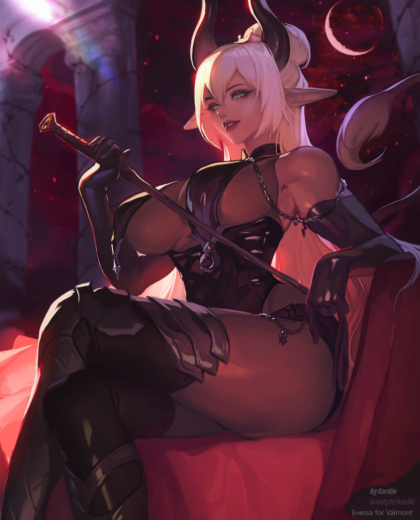 1girl absurdres aqua_eyes artist_name bangs borrowed_character breasts commentary crossed_legs english_commentary hair_between_eyes highres kardie large_breasts long_hair looking_at_viewer original parted_lips pointy_ears solo web_address whip white_hair