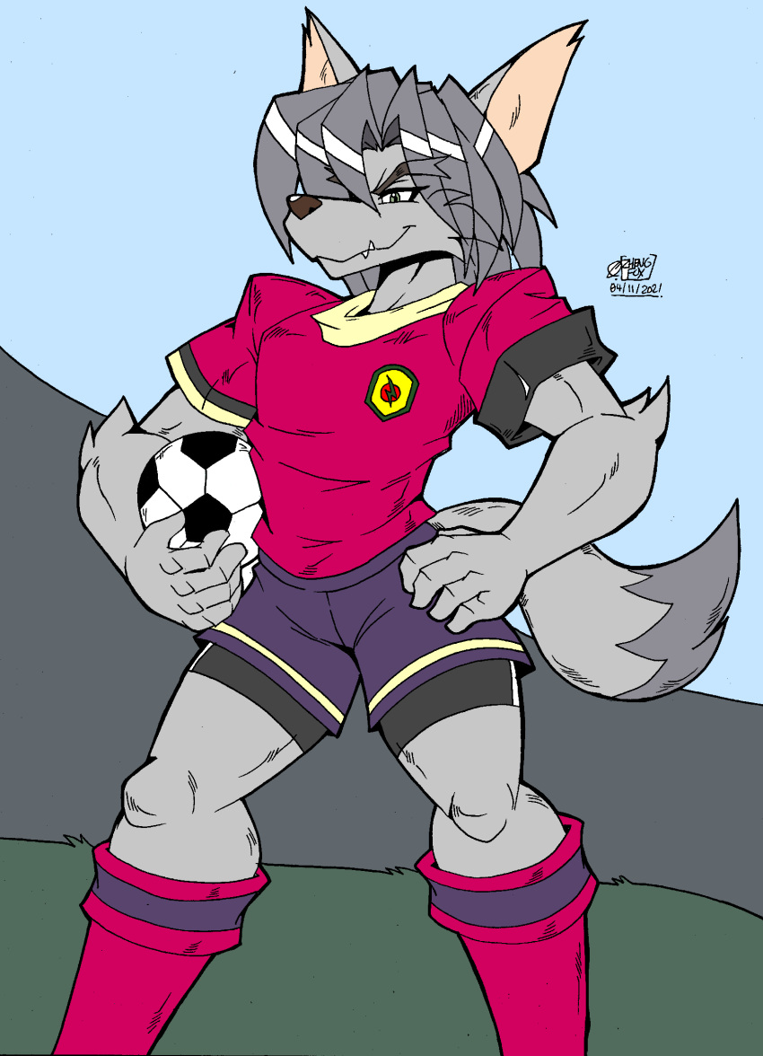 2021 akatsukishiranui-fox animal_humanoid ball bottomwear brown_nose canid canid_humanoid canine canine_humanoid canis clothing dipstick_tail fangs footwear forza!_hidemaru fur grass green_eyes grey_body grey_fur grey_hair hair half-closed_eyes hands_on_hips hi_res humanoid jersey kaiser_(forza!_hidemaru) male mammal mammal_humanoid markings multicolored_hair narrowed_eyes plant prick_ears public shirt shorts signature sky smile smirk soccer soccer_ball soccer_field soccer_jersey soccer_uniform socks solo sport sports_uniform sportswear stadium stripes tail_markings tan_inner_ear teeth_showing topwear two_tone_hair two_tone_tail uniform white_stripes wolf wolf_humanoid zhengfox