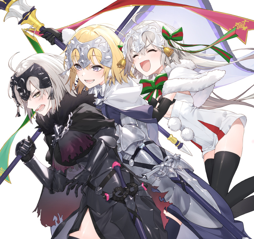 3girls armor armored_dress bangs bell bikini black_bikini black_dress black_gloves black_thighhighs blonde_hair blue_eyes blush bow braid braided_ponytail breasts capelet chain closed_eyes collar dress elbow_gloves fate/apocrypha fate/grand_order fate_(series) faulds flag fur-trimmed_capelet fur_trim gauntlets gloves grey_hair hair_bow hayashi_kewi headpiece highres jeanne_d'arc_(fate) jeanne_d'arc_(ruler)_(fate) jeanne_d'arc_alter_(avenger)_(fate) jeanne_d'arc_alter_(fate) jeanne_d'arc_alter_santa_lily_(fate) jingle_bell large_breasts long_hair looking_at_viewer metal_collar multiple_girls open_mouth plackart polearm ponytail purple_dress purple_thighhighs ribbon short_dress short_hair small_breasts smile striped striped_bow striped_ribbon swimsuit thighhighs thighs very_long_hair weapon white_capelet white_dress yellow_eyes