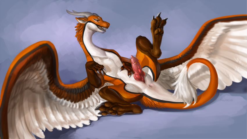 16:9 2019 2_horns akineza anus dragon erection feathered_dragon feathered_wings feathers feral genitals horn knot lying male netrve nude on_back orange_body orange_scales penis presenting presenting_penis quadruped scales solo white_body white_feathers white_scales widescreen wings