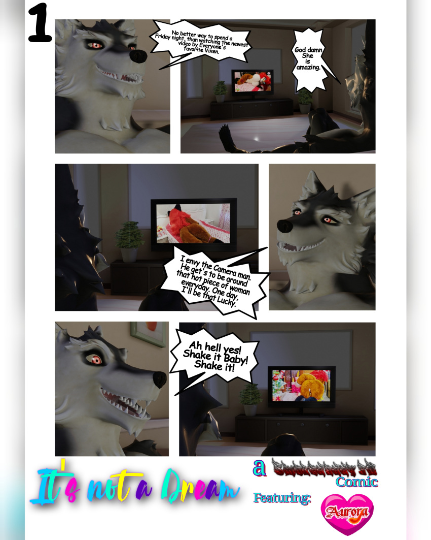 3d_(artwork) absurd_res anthro aurora_spencer bedroom_eyes big_breasts big_butt blender_(software) breasts butt canid canine canis clothing comic costume dialogue digital_media_(artwork) english_text female fox fur fursuit green_eyes hair hi_res looking_at_viewer male mammal narrowed_eyes open_mouth orange_body orange_fur red_hair seductive smile smokedaddy solo television text white_body wolf