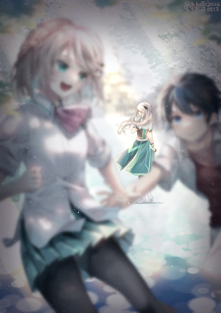 1boy 1girl blue_eyes blurry braid coat dappled_sunlight eiyuu_densetsu elaine_auclair falling_leaves green_coat green_eyes green_skirt hand_grab highres kuro_no_kiseki leaf long_hair older open_mouth pants pantyhose pulling red_shirt shirt short_hair skirt smile sunlight van_arkride white_footwear white_hair white_pants white_shirt willfin younger