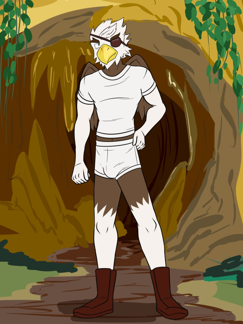 accipitrid accipitriform anthro avian bird boots boxer_briefs cave clothed clothing eagle eye_patch eyewear footwear fuze hi_res male outside pantsless scar shirt solo t-shirt topwear underwear white_boxer_briefs white_clothing white_shirt white_t-shirt white_topwear white_underwear