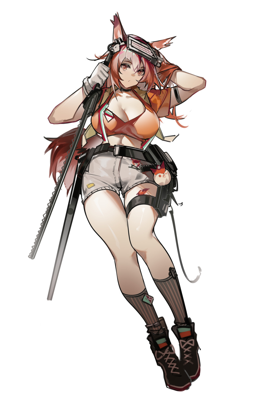 1girl :o absurdres animal_ears arknights armband bangs belt belt_pouch black_footwear breasts choker cleavage crop_top flametail_(arknights) flametail_(sport_for_all)_(arknights) green_vest grey_shorts grey_socks hair_between_eyes hair_flip hand_in_own_hair hands_up head-mounted_display headset highres holding holster kneehighs long_hair looking_at_viewer looking_down midriff navel official_alternate_costume orange_shirt pink_hair pouch red_eyes red_hair shirt shoes short_sleeves shorts simple_background sneakers socks solo squirrel_ears squirrel_girl squirrel_tail striped striped_legwear suspender_shorts suspenders suspenders_gap t-shirt tachi-e tail thigh_gap thigh_holster tight vertical-striped_legwear vertical_stripes vest white_background xiayimozhu