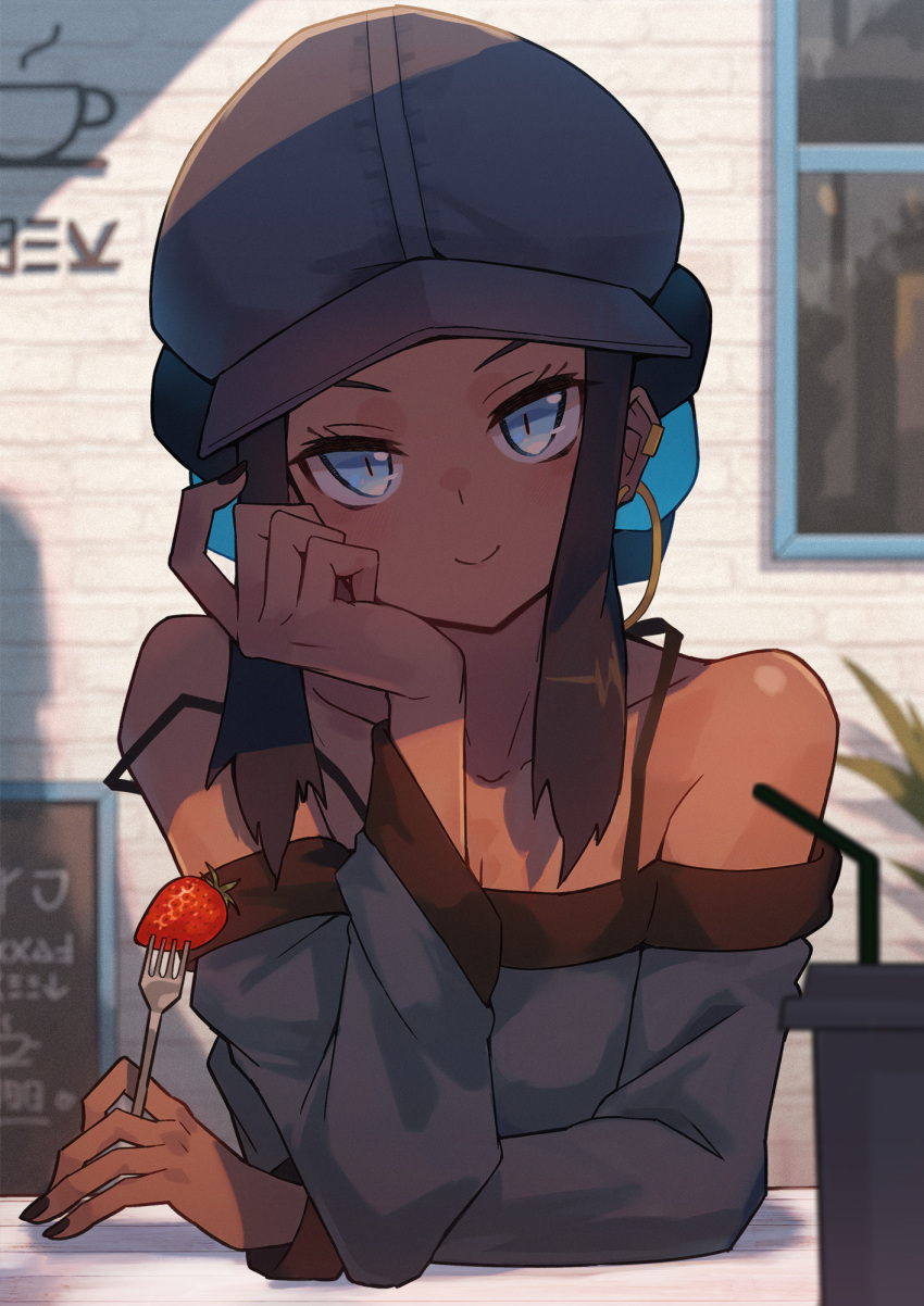 1girl black_headwear blue_eyes blue_hair blurry brown_hair closed_mouth collarbone commentary_request cup dark-skinned_female dark_skin drinking_straw eyelashes food fork fruit hat head_rest highres holding holding_fork katsu_(katsupainter) looking_at_viewer multicolored_hair nail_polish nessa_(pokemon) off-shoulder_shirt off_shoulder pokemon pokemon:_twilight_wings shirt sign smile solo strap_slip strawberry two-tone_hair window
