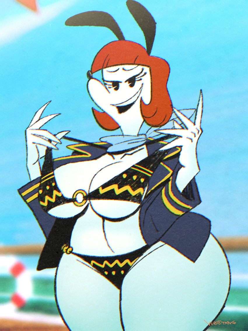 5_fingers anthro artist_name big_breasts bikini breasts canid canine canis cleavage clothed clothing curvy_figure day domestic_dog erica_(disney) eyebrows female fingers hair hi_res looking_at_viewer mammal mickey_mouse_shorts open_mouth orange_hair outside portrait solo swimwear thick_thighs three-quarter_portrait voluptuous wide_hips wolftang