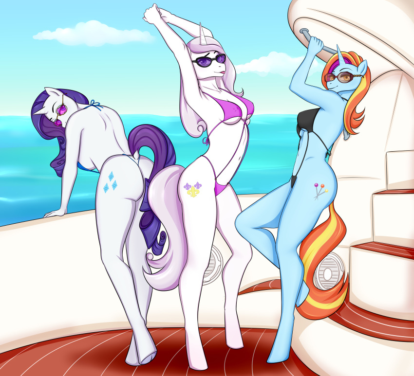 absurd_res anthro bikini clothing equid equine female fleur_de_lis_(mlp) friendship_is_magic group hi_res horse mammal my_little_pony pony rarity_(mlp) sassy_saddles_(mlp) sea squishheart swimwear trio vehicle water watercraft yacht