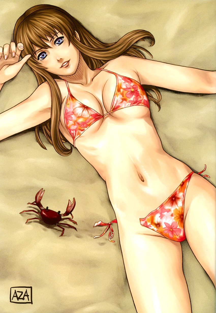 1girl azasuke azasuke_wind beach bikini crab crustacean dead_or_alive floral_print highres hitomi hitomi_(doa) lying navel side-tie_bikini smile solo swimsuit swimsuits tecmo torn_clothes wardrobe_malfunction
