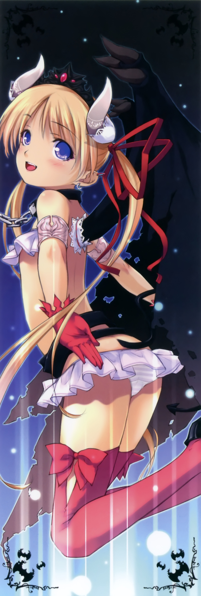 1girl absurdres blue_eyes bow chain chains collar copyright_request crown demon_girl demon_tail demon_wings earrings gloves hair_ribbon highres horns jewelry long_hair looking_back ooji panties ribbon single_wing slave solo striped striped_panties succubus tail thigh-highs thighhighs twintails underwear very_long_hair wings