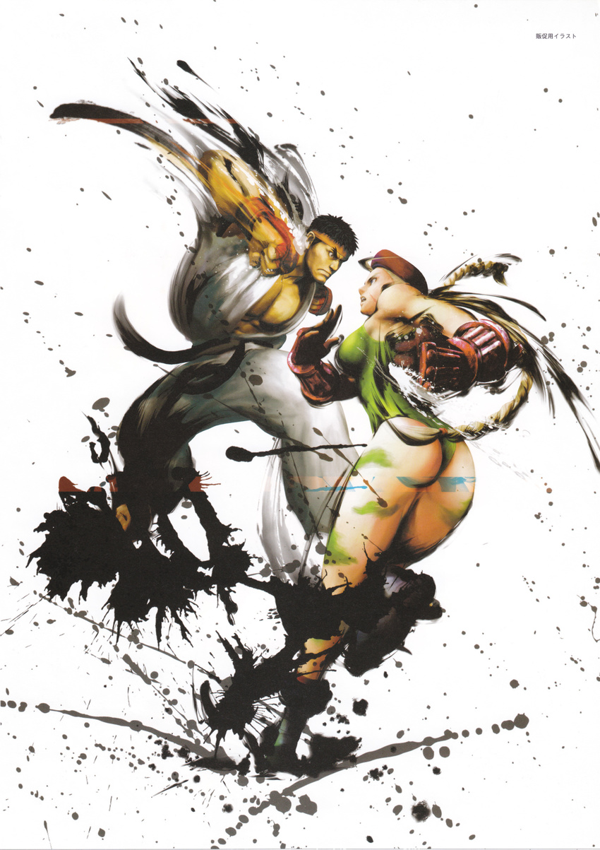 1girl absurdres artbook artist_request ass battle beret cammy_white dougi duel gloves hat headband highres leotard long_hair official_art ryuu_(street_fighter) scan street_fighter street_fighter_iv_(series)