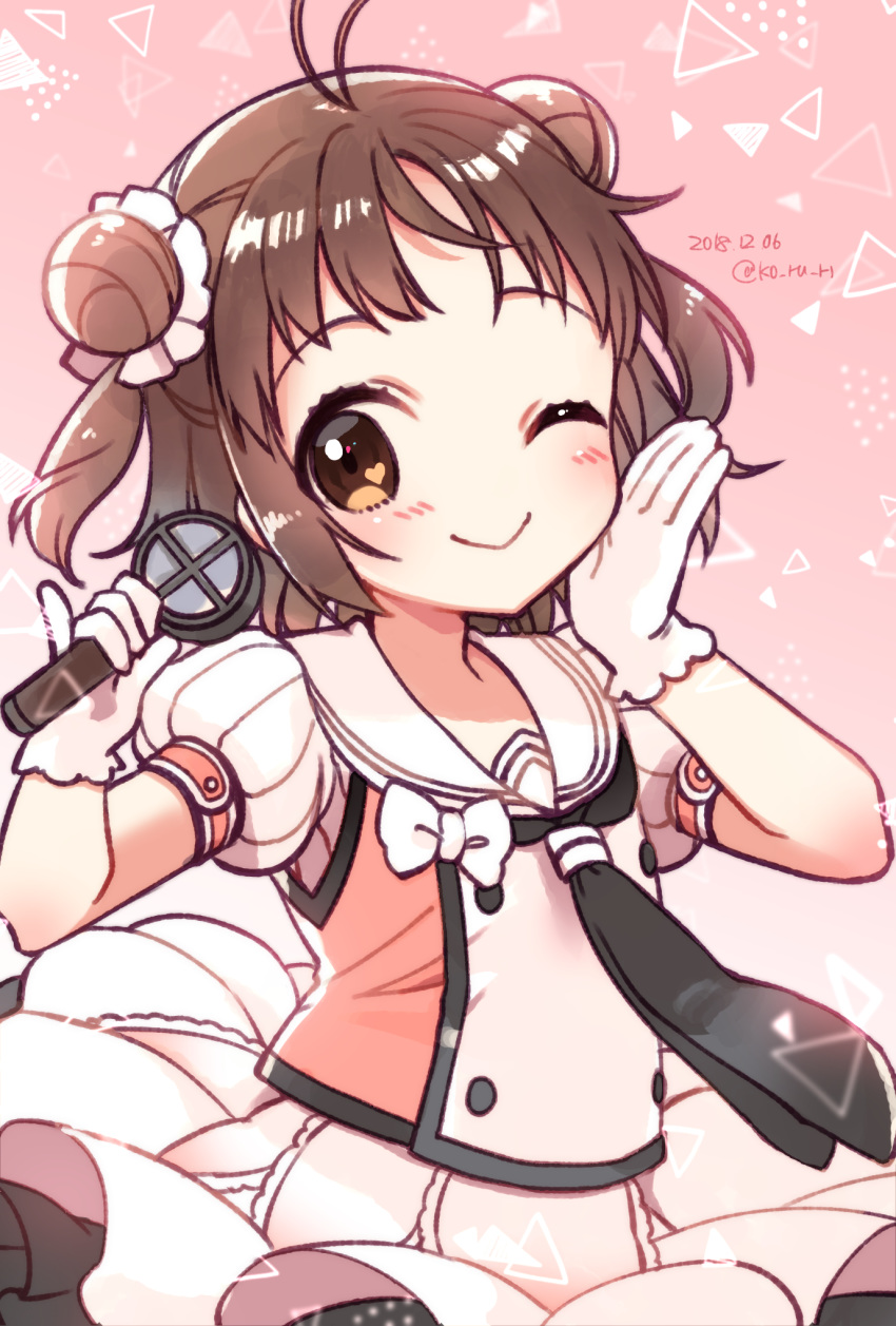 1girl ;) antenna_hair bangs black_neckwear blush bow brown_eyes brown_hair closed_mouth dated double_bun eyebrows_visible_through_hair gloves hands_up head_tilt heart heart_in_eye highres holding holding_microphone kantai_collection koruri looking_at_viewer microphone naka_(kantai_collection) one_eye_closed orange_vest pleated_skirt puffy_short_sleeves puffy_sleeves sailor_collar shirt short_sleeves side_bun skirt smile solo symbol_in_eye twitter_username two_side_up white_bow white_gloves white_sailor_collar white_shirt white_skirt