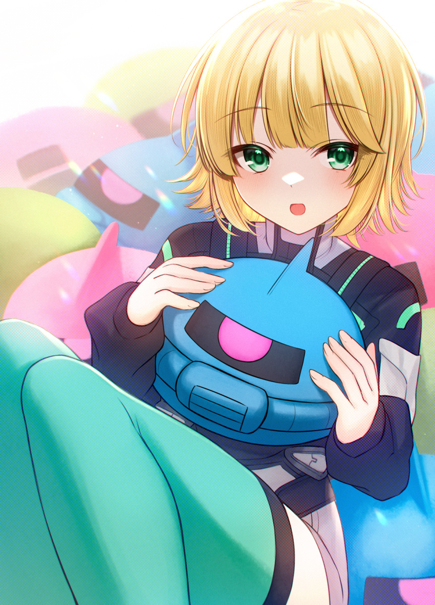 1girl :d akky_(akimi1127) bangs black_shirt blonde_hair character_request feet_out_of_frame green_eyes grey_shorts gundam hands_up highres holding holding_stuffed_toy knees_up long_sleeves looking_at_viewer official_art puffy_long_sleeves puffy_sleeves shirt short_shorts shorts smile solo stuffed_toy thighhighs