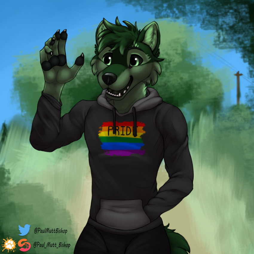 anthro canid canine canis green hi_res hybrid lgbt_pride male mammal paulmuttbishop pride_color_flag pride_colors solo wolf