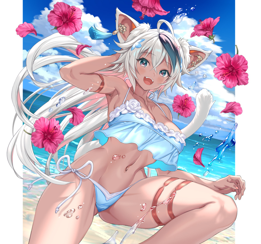 1girl :d ahoge animal_ears arm_garter armpits banned_artist beach bikini blue_bikini blue_sky breasts cat_ears cat_tail cleavage cloud collarbone commentary_request day earrings flower highres jewelry long_hair looking_at_viewer medium_breasts midori_foo multicolored_hair navel ocean original outdoors petals sky smile streaked_hair summer swimsuit tail teeth thigh_strap upper_teeth water white_hair