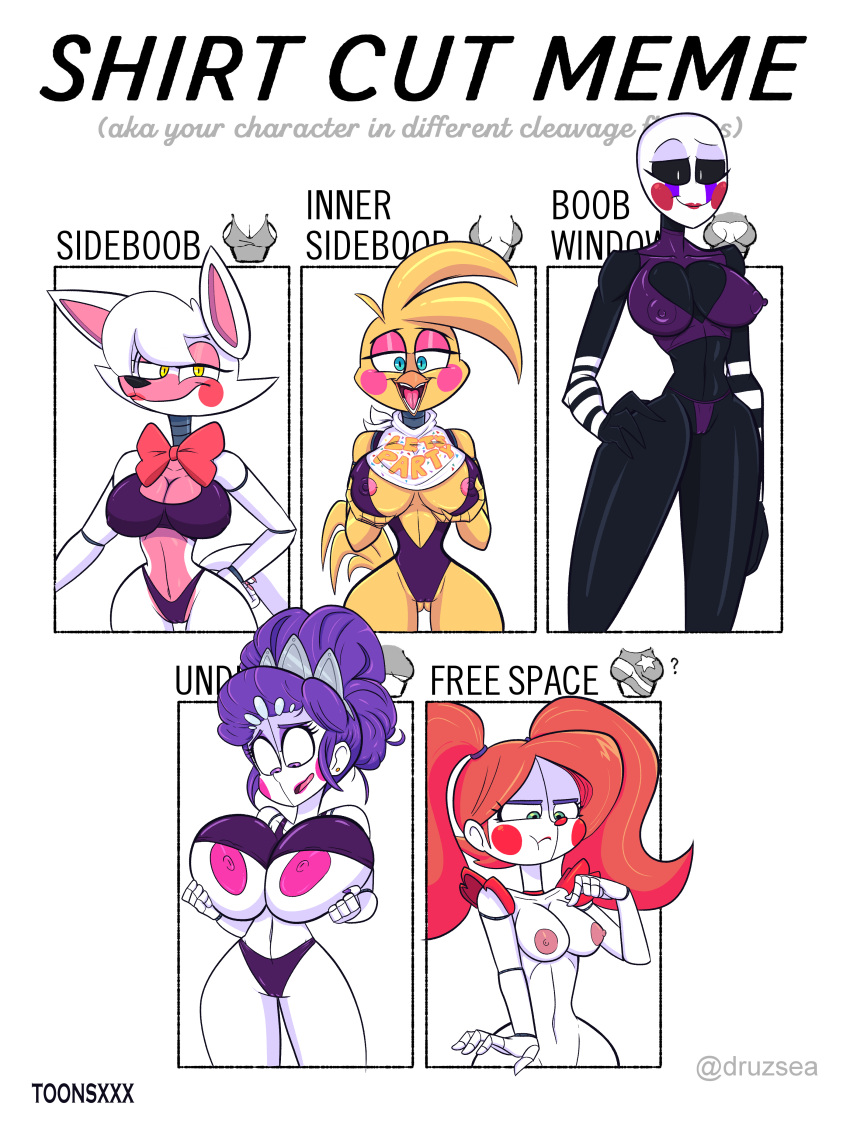 absurd_res animatronic anthro ballora_(fnafsl) big_breasts breast_grab breasts circus_baby_(fnaf) comparing comparing_breasts different_size_breasts female female/female five_nights_at_freddy's five_nights_at_freddy's_2 genitals group hand_on_breast hi_res humanoid machine mangle_(fnaf) marionette_(fnaf) meme nipples nipples_visible_through_clothing puppet_(fnaf) pussy robot scottgames shirt_cut_meme shy sister_location small_breasts toonsxxx toy_chica_(fnaf) video_games