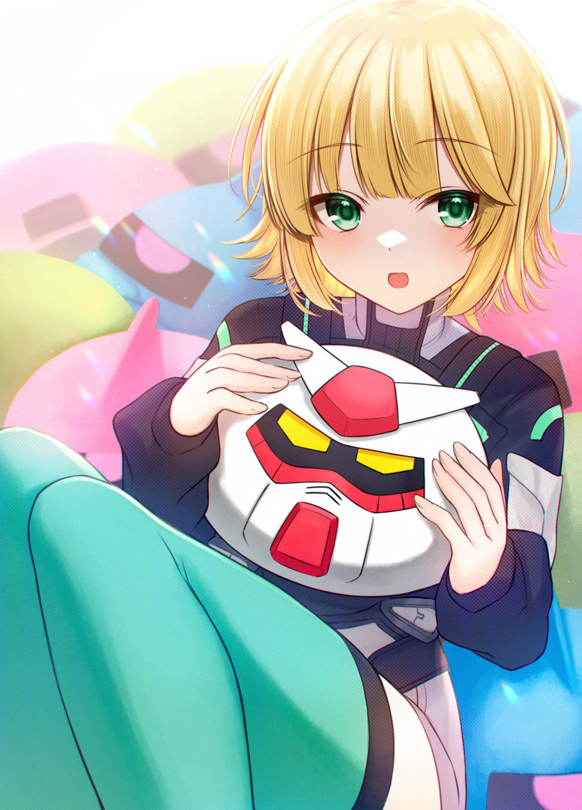 1girl :d akky_(akimi1127) bangs black_shirt blonde_hair commentary_request feet_out_of_frame green_eyes grey_shorts gundam hands_up highres holding holding_stuffed_toy knees_up long_sleeves looking_at_viewer official_art puffy_long_sleeves puffy_sleeves rx-78-2 shirt short_shorts shorts smile solo stuffed_toy thighhighs