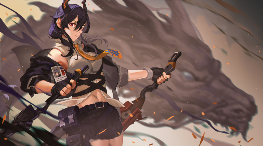 1girl arknights black_bag black_gloves black_jacket black_shorts blue_hair breasts ch'en_(arknights) collared_shirt cowboy_shot creature dragon dragon_girl dragon_horns dragon_tail dual_wielding fingerless_gloves fur-tipped_tail gloves grey_background hair_between_eyes hands_up highres holding holding_sword holding_weapon horns id_card jacket long_hair looking_at_viewer low_twintails midriff navel necktie off_shoulder open_clothes open_jacket orange_necktie pouch red_eyes shirt shorts sleeveless sleeveless_shirt small_breasts sword tail twintails weapon white_shirt ying_shi_de_xia_yeji