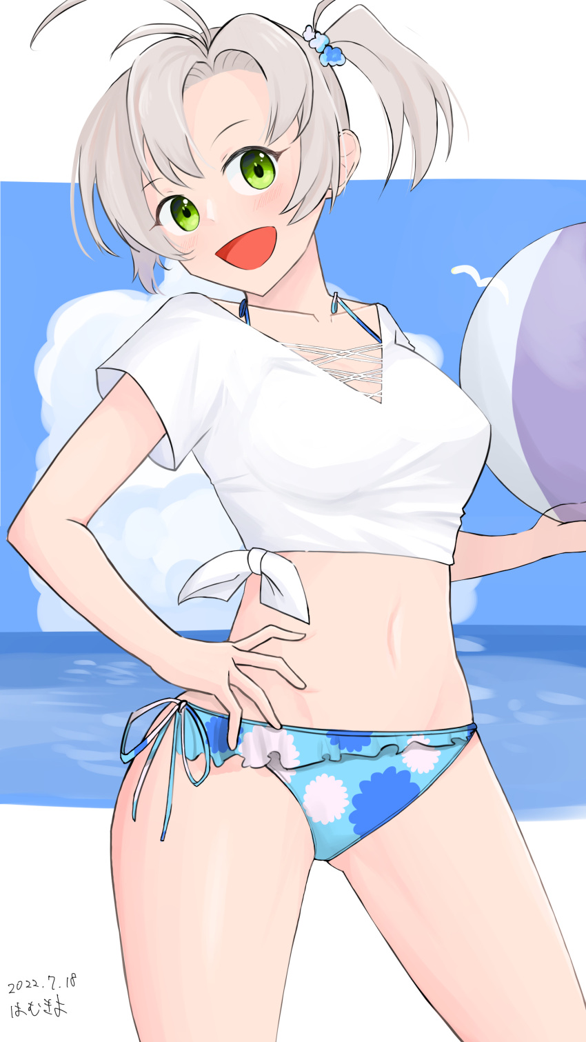 1girl absurdres ball beachball bikini blue_bikini blue_sky cloud commentary_request cowboy_shot floral_print frilled_bikini_bottom green_eyes grey_hair hair_tie hamukiyo hand_on_hip highres horizon kantai_collection kinugasa_(kancolle) ocean shirt short_twintails side-tie_bikini sky smile solo swimsuit tied_shirt twintails white_shirt