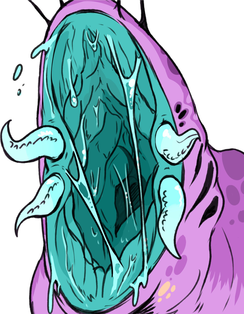 blue_saliva blue_tentacles bodily_fluids dripping front_view gills hi_res imperatorcaesar monster mouth_shot open_mouth pink_body purple_body saliva saliva_drip saliva_string simple_background tentacles unusual_bodily_fluids unusual_saliva white_background