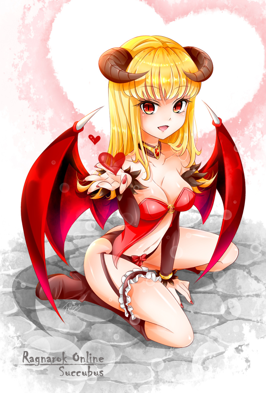 1girl black_panties blonde_hair blush boots bow bow_panties breasts bridal_garter brown_choker brown_footwear brown_horns brown_sleeves character_name chinese_commentary choker cleavage commentary_request copyright_name demon_girl demon_horns demon_wings detached_sleeves heart highres horns jin_(az2492079) long_hair looking_at_viewer medium_breasts navel o-ring open_mouth panties ragnarok_online red_babydoll red_bow red_eyes red_nails red_wings solo succubus_(ragnarok_online) underwear wings