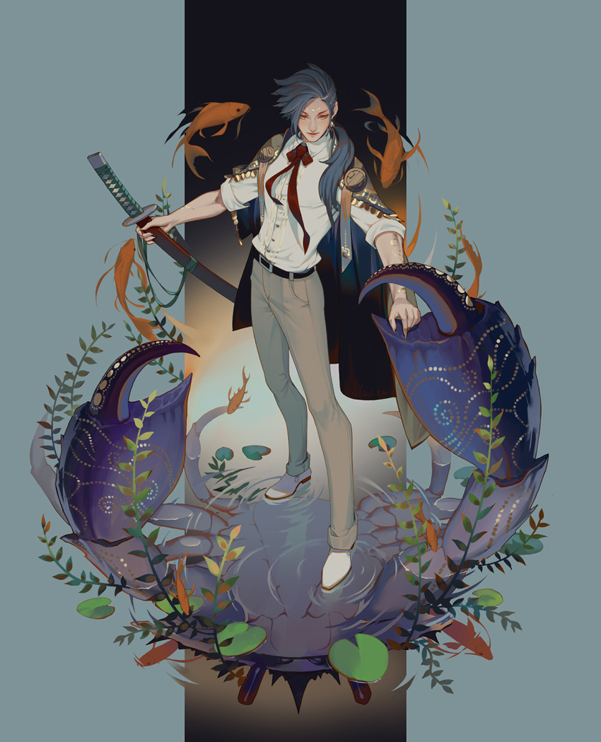 1boy animal arm_tattoo belt black_belt blue_hair bow bowtie brown_pants cancer cape chinese_commentary closed_mouth collared_shirt crab fish full_body green_eyes hair_over_shoulder highres lian_yao light_smile lily_pad long_hair looking_at_viewer male_focus original oversized_animal pants personification plant ponytail red_bow red_bowtie ripples seaweed shirt sleeves_rolled_up solo standing standing_on_liquid tattoo white_footwear white_shirt
