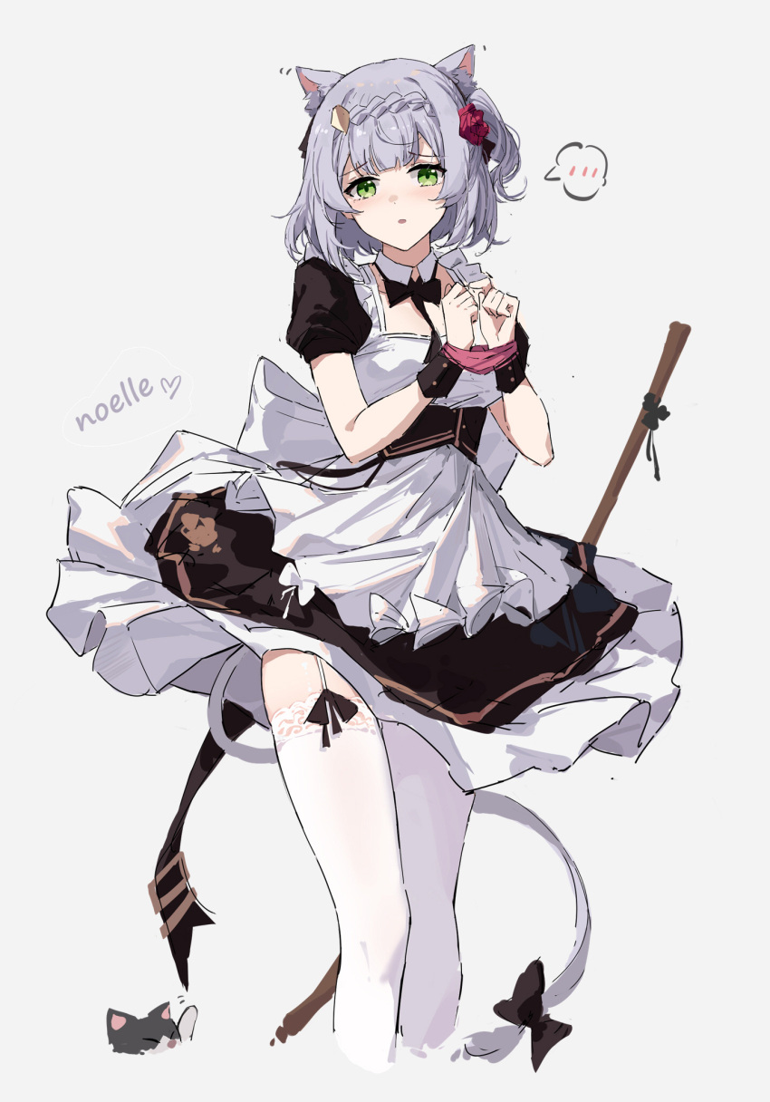 1girl animal animal_ear_fluff animal_ears apron bangs black_bow blush bow braid braided_bangs breasts cat character_name flower garter_straps genshin_impact green_eyes highres lace-trimmed_legwear lace_trim maid maid_apron noelle_(genshin_impact) open_mouth red_flower short_hair simple_background small_breasts solo tail thighhighs white_hair white_thighhighs yajuu