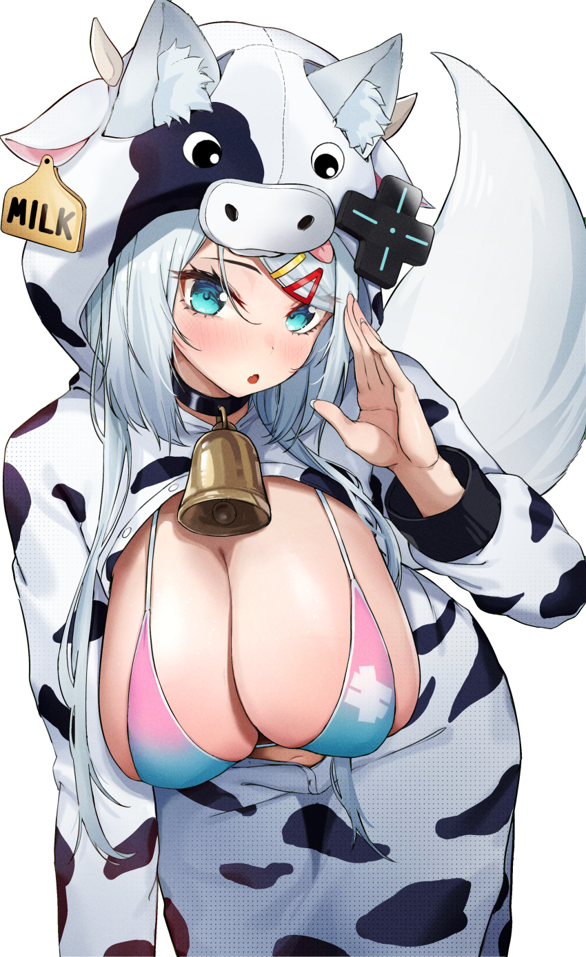 1girl :o absurdres animal_costume animal_ear_fluff animal_ears animal_print bell bikini bikini_top_only blue_eyes breasts cow_costume cow_print cowbell ear_tag fox_ears fox_girl fox_tail highres huge_breasts long_hair long_sleeves looking_at_viewer meridian_project mizuki_(vtuber) multicolored_bikini multicolored_clothes navel neck_bell oukafafafa simple_background solo swimsuit tail virtual_youtuber white_background white_hair
