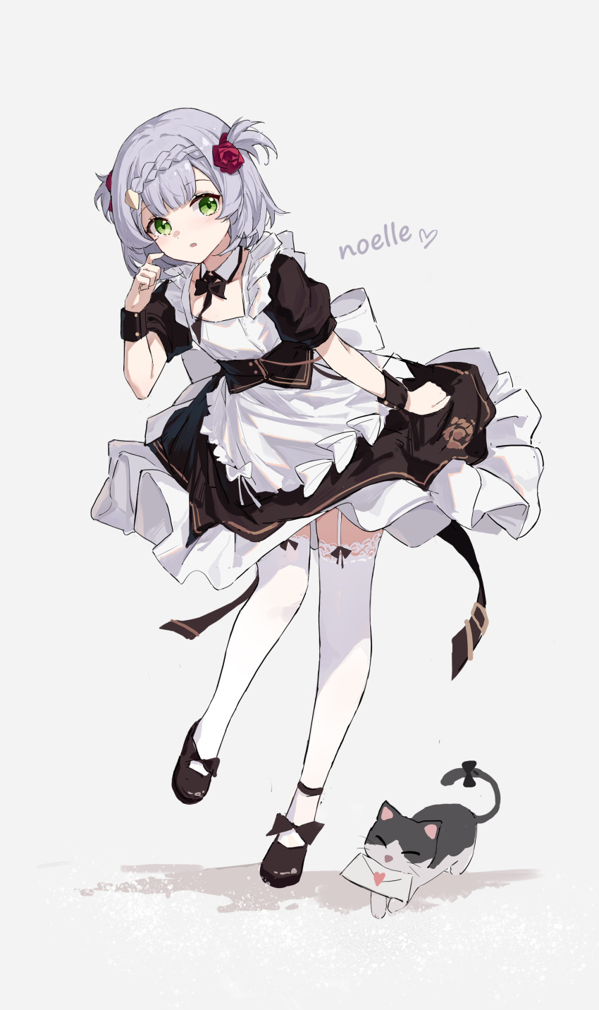1girl absurdres apron bangs black_bow black_footwear bow braid braided_bangs breasts cat character_name flower garter_straps genshin_impact green_eyes highres lace-trimmed_legwear lace_trim letter looking_at_viewer maid maid_apron mary_janes noelle_(genshin_impact) open_mouth red_flower shoes short_hair simple_background small_breasts solo thighhighs white_hair white_thighhighs yajuu