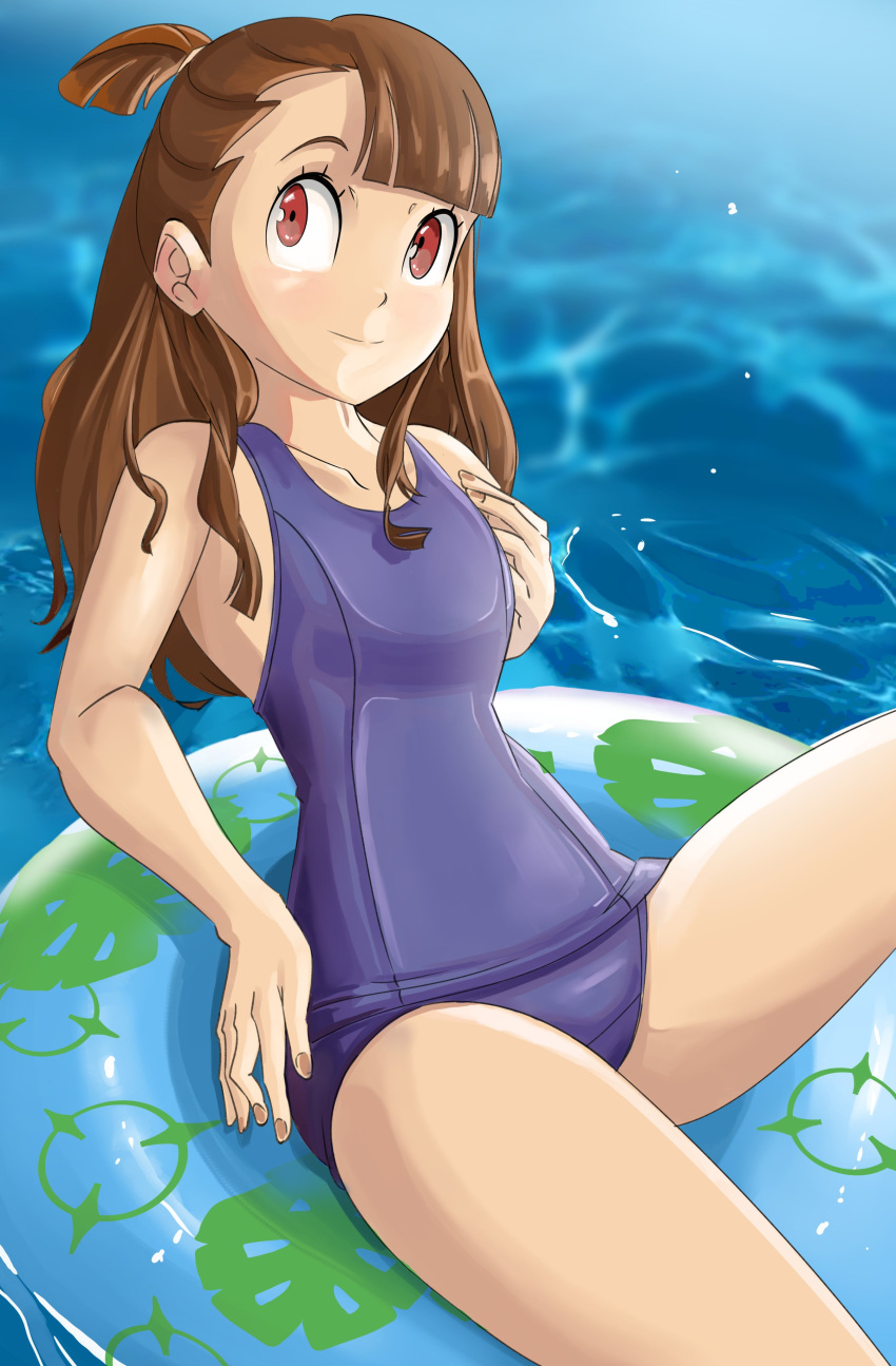 1girl absurdres blue_swimsuit breasts brown_hair chadgarciaburg highres innertube kagari_atsuko little_witch_academia looking_at_viewer one-piece_swimsuit red_eyes school_swimsuit small_breasts swimsuit water witch