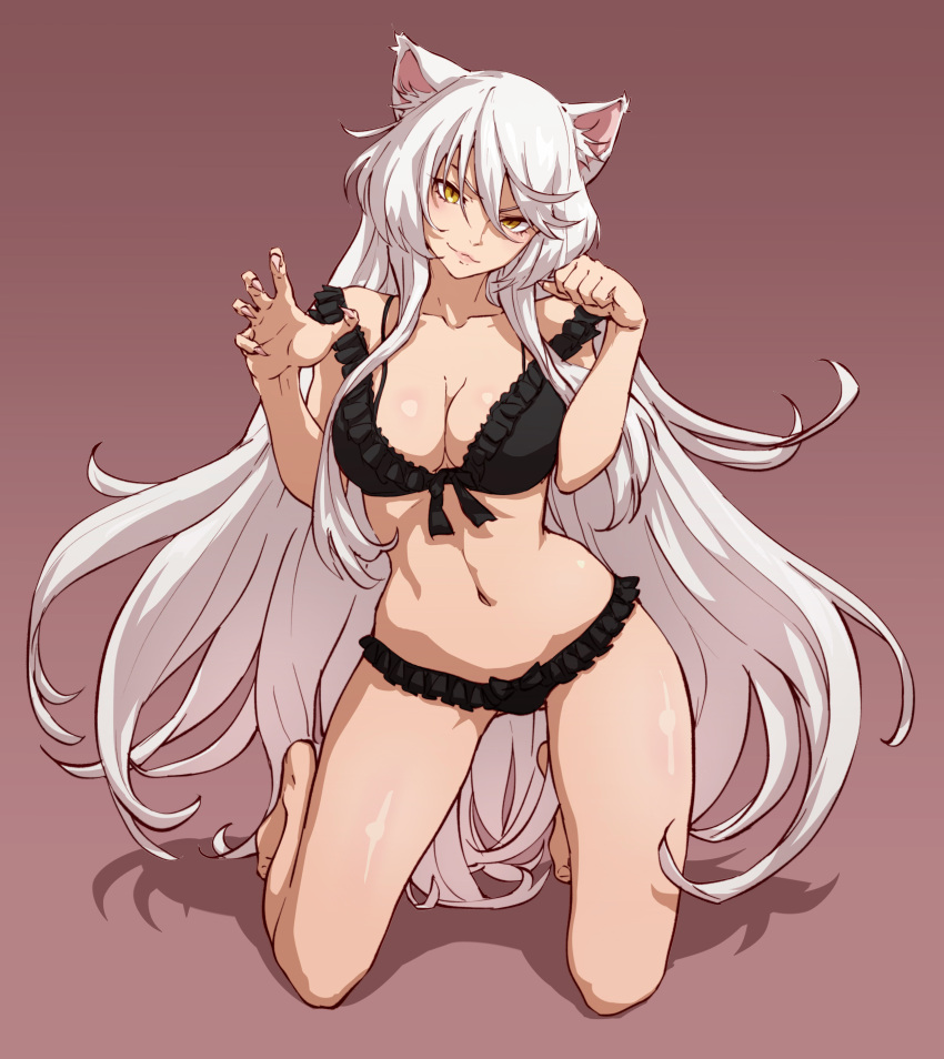 1girl :3 absurdres animal_ear_fluff animal_ears bakeneko barefoot black_bra black_hanekawa black_panties bow bow_bra bow_panties bra breasts cat_ears cat_girl cleavage closed_mouth collarbone hair_between_eyes hanekawa_tsubasa highres kneeling large_breasts lingerie long_hair looking_at_viewer monogatari_(series) naughty_face navel nekomonogatari ozkh panties paw_pose seductive_smile slit_pupils smile solo source_request stomach underwear underwear_only very_long_hair white_hair yellow_eyes