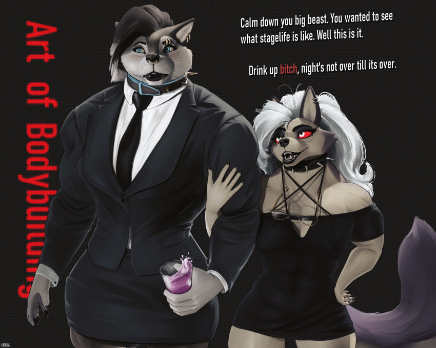 absurd_res akkusky akkusky_(akkusky) anthro beverage big_muscles black_body black_clothing black_dress black_fur black_hair blue_eyes business_suit canid canid_demon canine canis claws clothing collar container cup demon dialogue domestic_dog dress duo ear_piercing eyebrow_piercing eyewear facial_piercing female fur glass glass_container glass_cup glasses hair hellhound helluva_boss hi_res husky lip_piercing lips loona_(helluva_boss) mammal mature_female multicolored_body multicolored_fur muscular muscular_anthro muscular_female necktie nordic_sled_dog piercing red_sclera shirt spiked_collar spikes spitz suit thick_bottom_lip thick_thighs topwear two_tone_body two_tone_fur white_body white_clothing white_fur white_hair white_shirt white_topwear