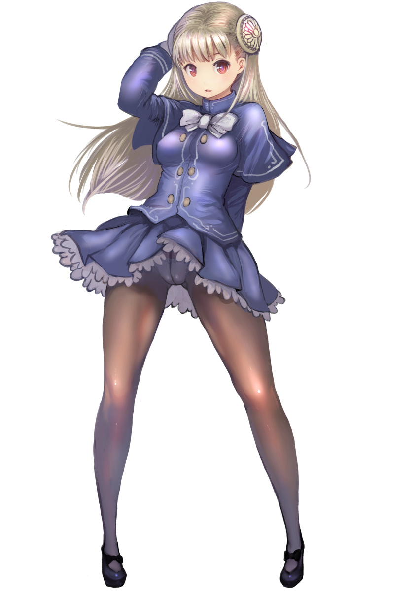 1girl absurdres blonde_hair brown_pantyhose capcom_fighting_jam commentary_request frilled_skirt frills hairpods highres impossible_clothes ingrid_(capcom) johan_(johan13) long_hair mary_janes panties panties_under_pantyhose pantyhose red_eyes ribbon shoes skirt solo underwear white_ribbon wind wind_lift