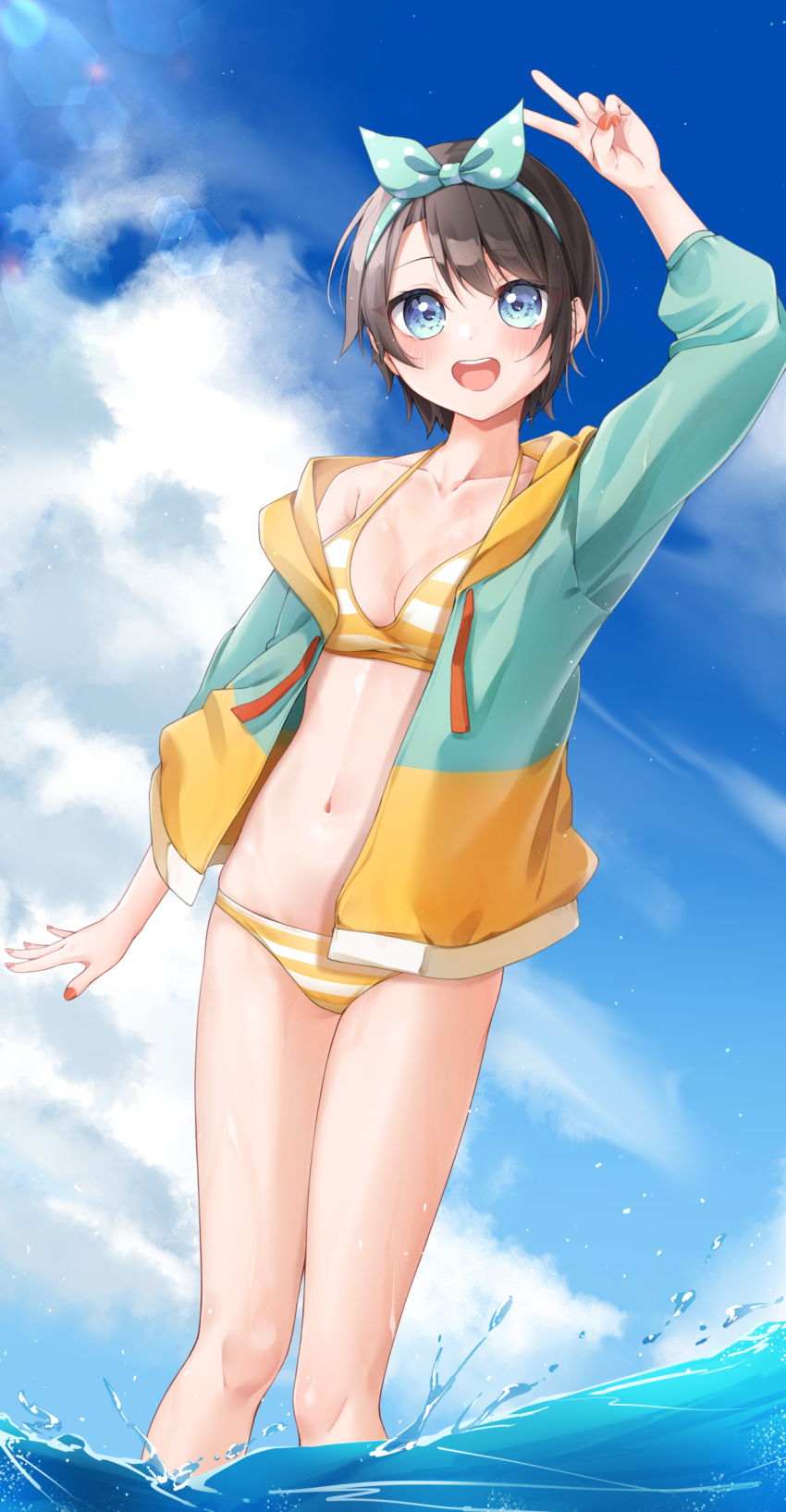 1girl :d absurdres arm_up bangs bikini bikini_under_clothes black_hair blue_eyes blue_hairband blue_jacket blue_ribbon blue_sky blush breasts cleavage cloud cloudy_sky commentary_request day drawstring hair_ribbon hairband highres hijouguti hololive hood hood_down hooded_jacket jacket medium_breasts navel oozora_subaru open_clothes open_jacket outdoors polka_dot polka_dot_ribbon ribbon sky smile solo standing striped striped_bikini swimsuit v virtual_youtuber water