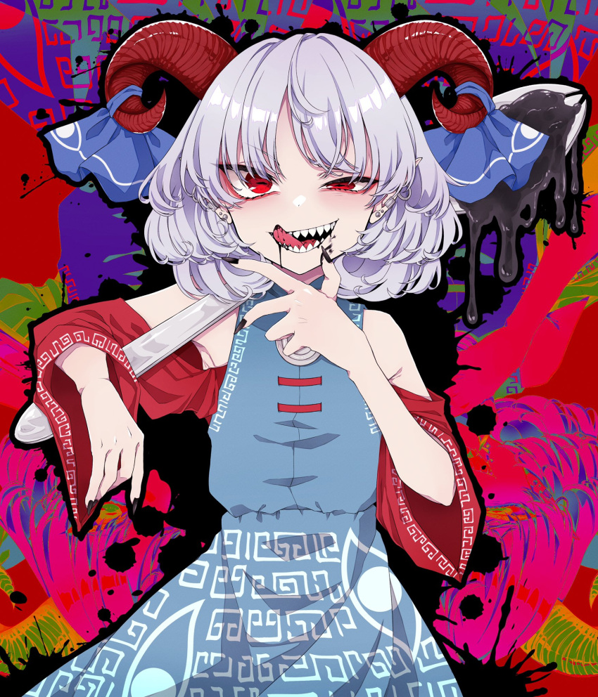 1girl black_nails blood blood_splatter english_text highres horns looking_at_viewer multicolored_background nail_polish off_shoulder red_eyes sharp_teeth solo spoon teeth tongue tongue_out touhou toutetsu_yuuma uneven_eyes yami_nabe