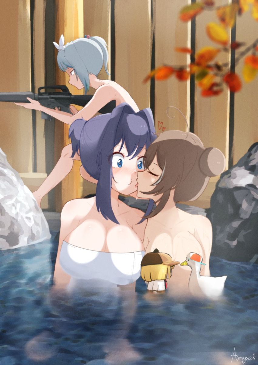 3girls anyacchi artist_name assault_rifle autumn_leaves bird blue_eyes blue_hair blush breasts duck fence gawr_gura grey_hair gun hair_bun hair_intakes heart highres hololive hololive_english large_breasts licking licking_another's_face m16 medium_breasts multiple_girls naked_towel nanashi_mumei nose_blush onsen ouro_kronii partially_submerged rifle rock towel water weapon wide-eyed wooden_fence yuri