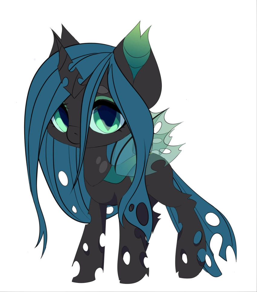 arthropod black_body blue_hair changeling chibi female feral friendship_is_magic green_eyes green_inner_ear hair hasbro hi_res horn insect_wings my_little_pony queen_chrysalis_(mlp) simple_background white_background wings xsatanielx